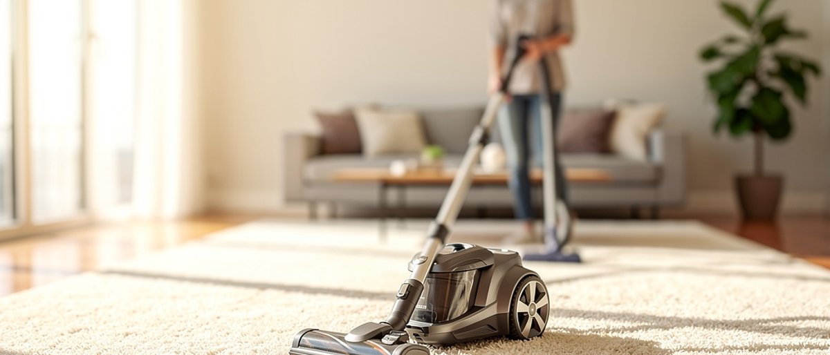 A living room with a vacuum cleaner being used in the center, with natural light streaming in from the left.