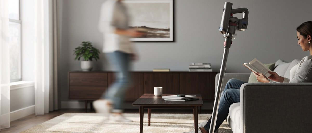 A person vacuuming a modern living room while another relaxes on the couch.