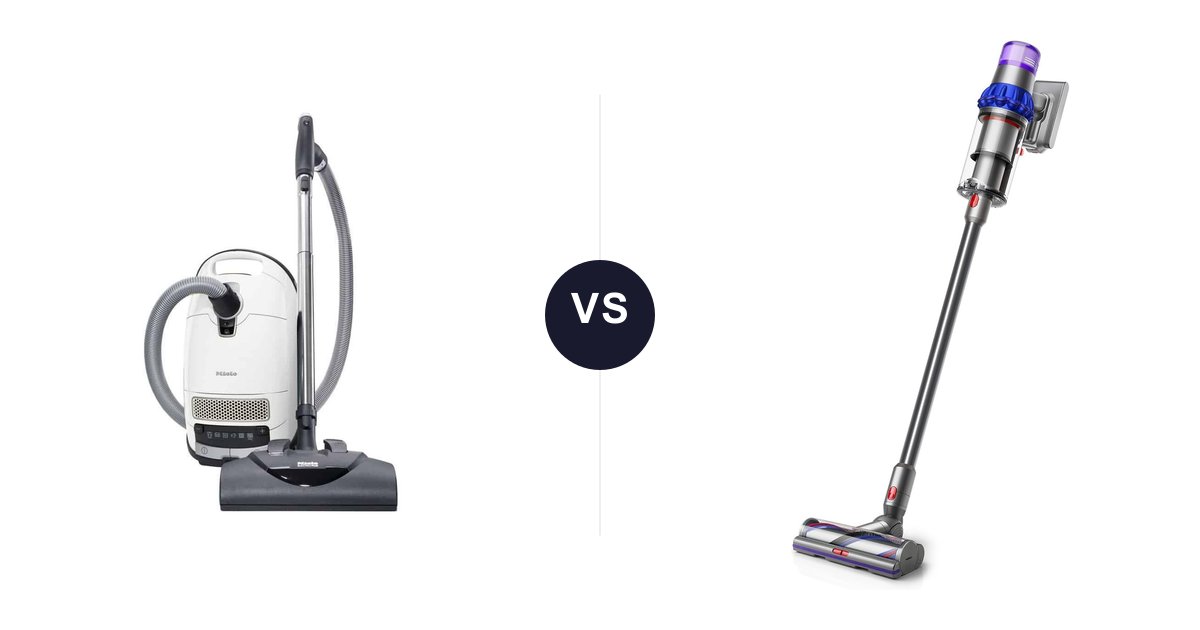 Miele C3 bagged canister vacuum versus Dyson V15 Detect bagless stick vacuum side by side comparison