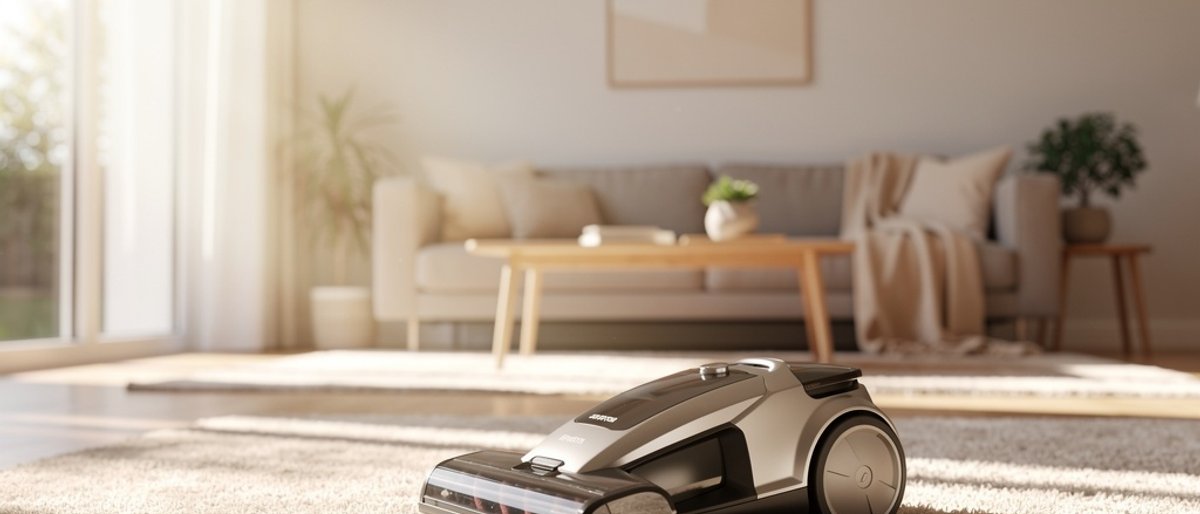 Bright living room with vacuum cleaner on a plush carpet