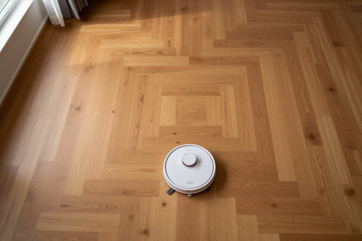 Systematic parallel cleaning lines left by robot vacuum on hardwood floor