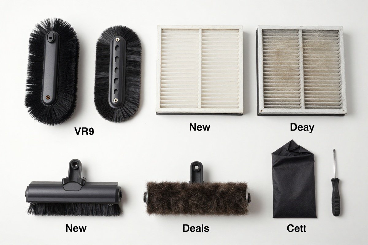 Robot vacuum replacement parts laid out showing maintenance items and wear comparison