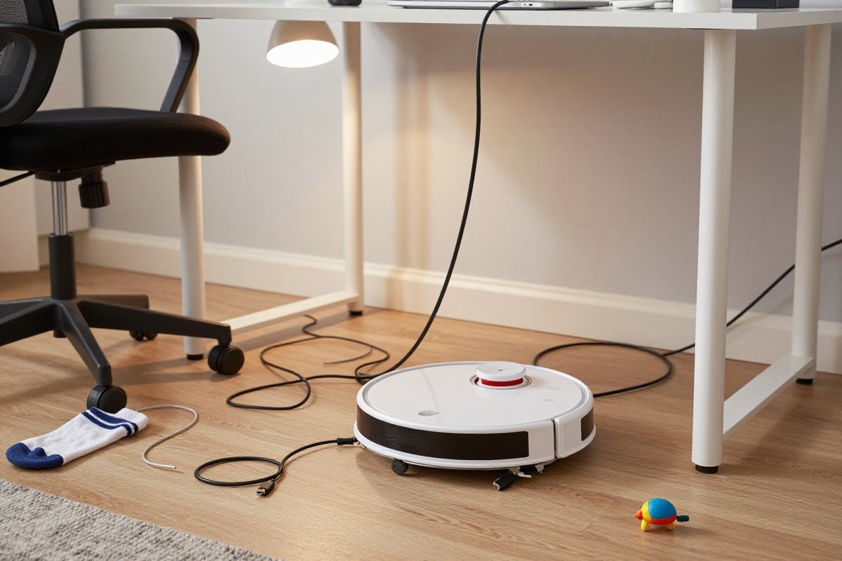 Floor clutter with loose cables and small items that could tangle a robot vacuum