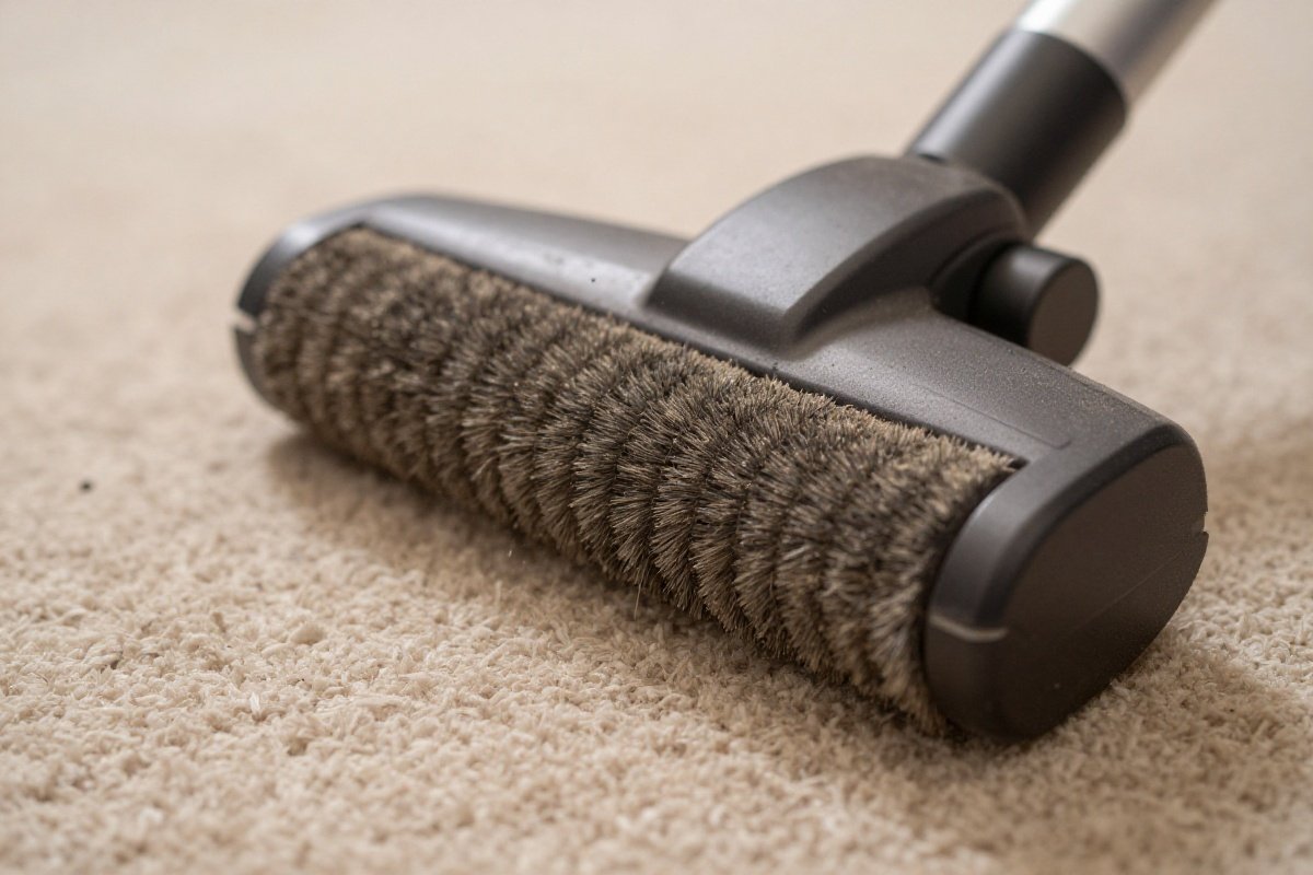 Vacuum cleaner brush roll agitating carpet fibers to loosen embedded dirt