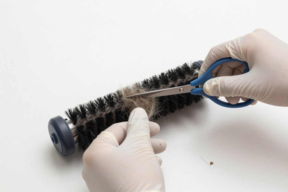 Removing tangled hair from a vacuum brush roll during maintenance