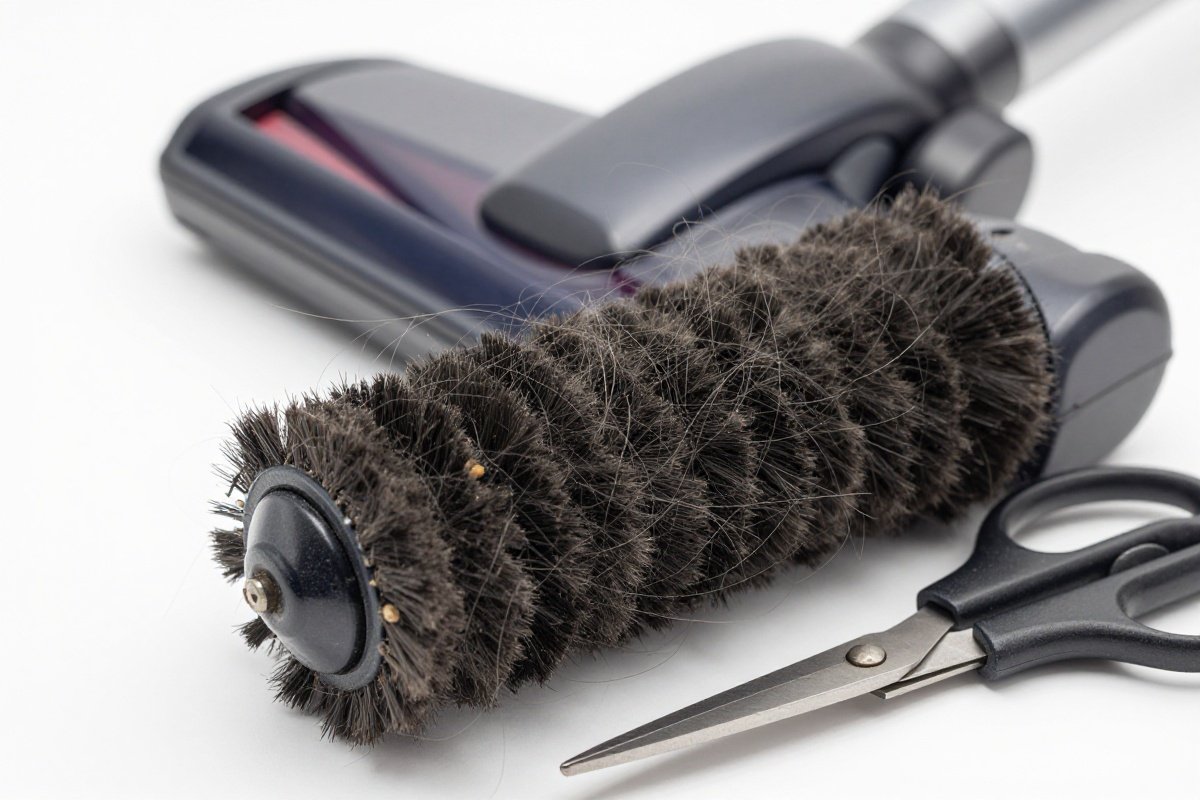 Vacuum brush roll heavily tangled with long hair strands next to cleaning tools