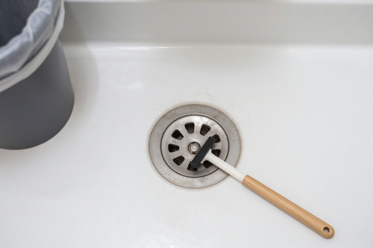 Hair collected on bathroom drain cover illustrating regular pre-cleaning maintenance