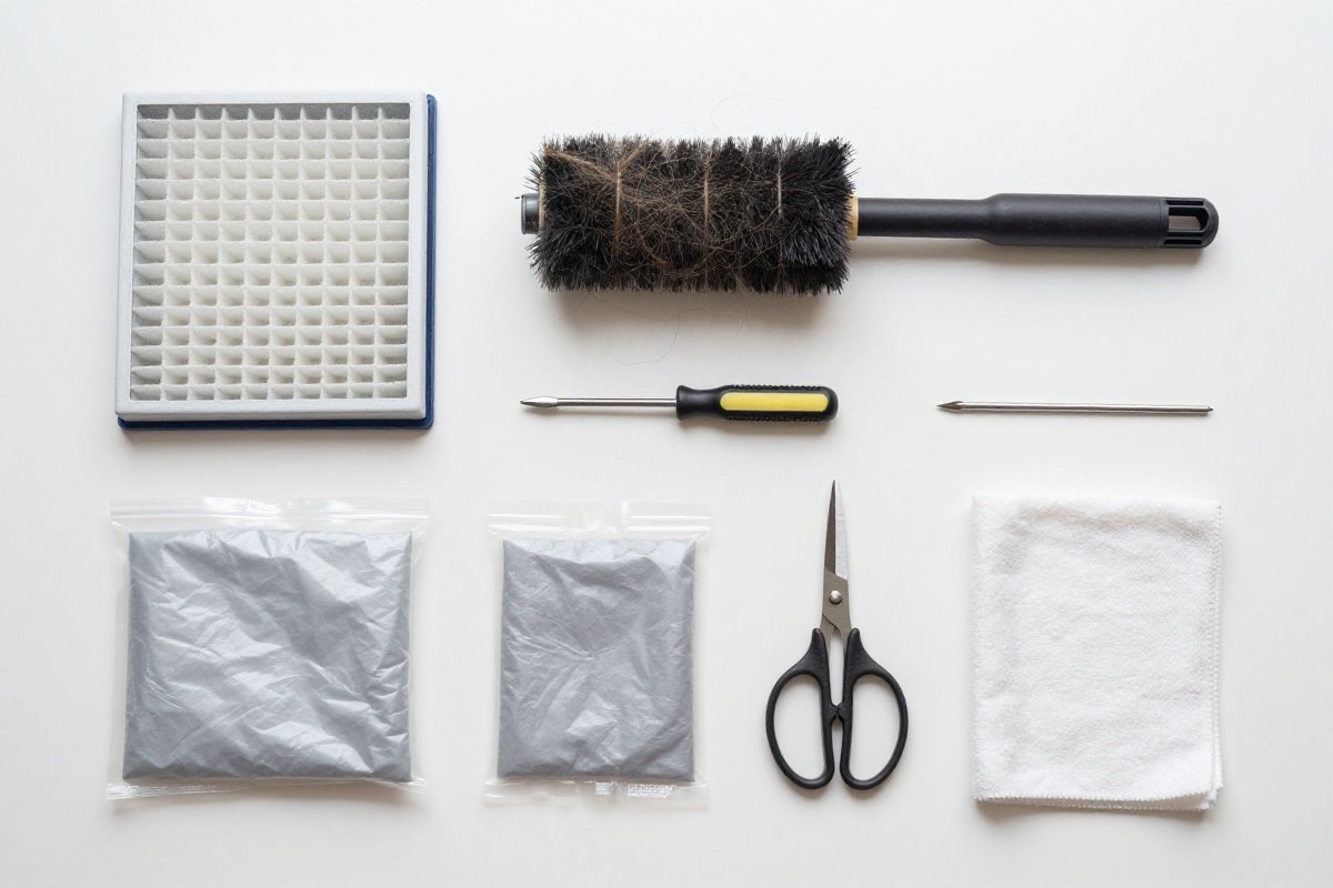Vacuum maintenance supplies arranged on table including filter brush roll and replacement parts