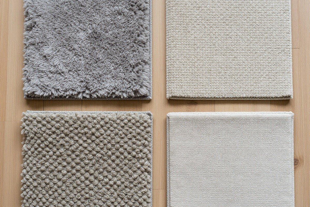 Four carpet samples showing different pile types side by side