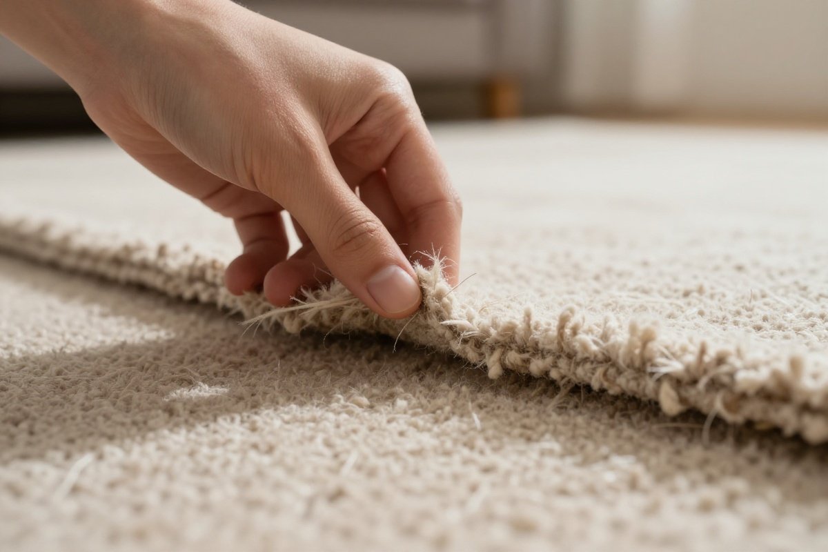 Close-up of carpet fibers being examined to show density and texture