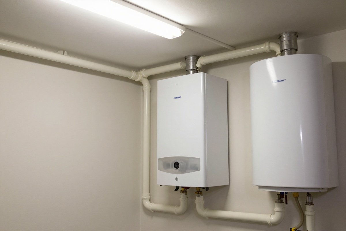 Central vacuum system power unit installed in residential basement utility room