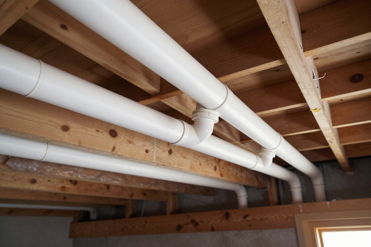 Central vacuum PVC piping routed through attic ceiling joists during installation
