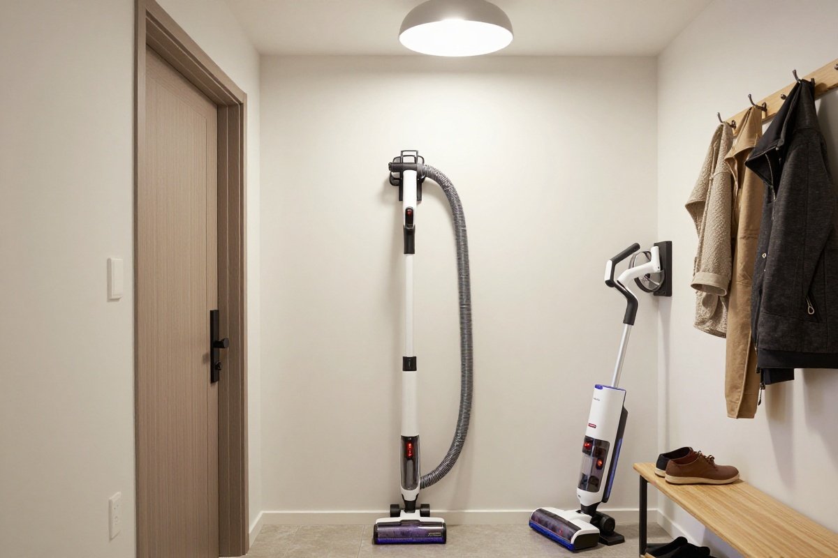 Mudroom showing central vacuum hose reel alongside cordless stick vacuum on charging dock