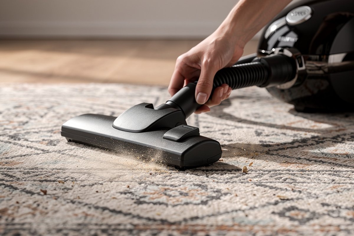 Hand holding vacuum hose over textured rug