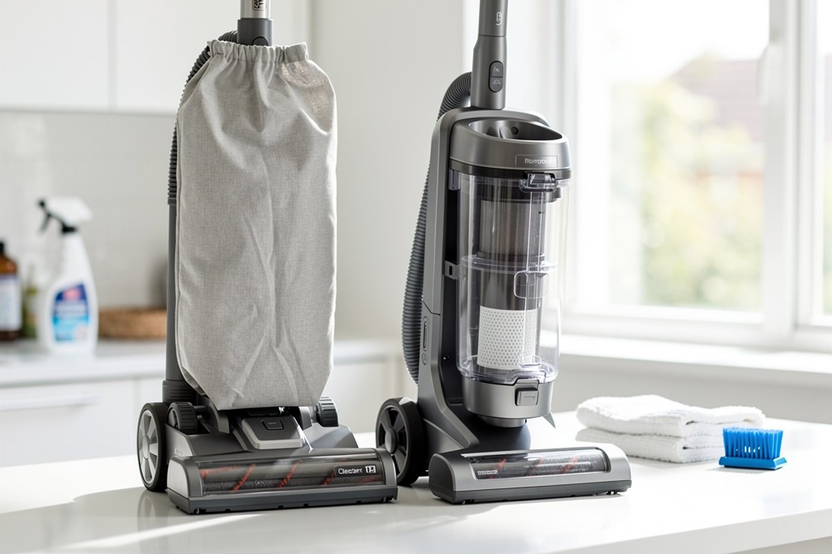 Two vacuum cleaners side-by-side on a white countertop
