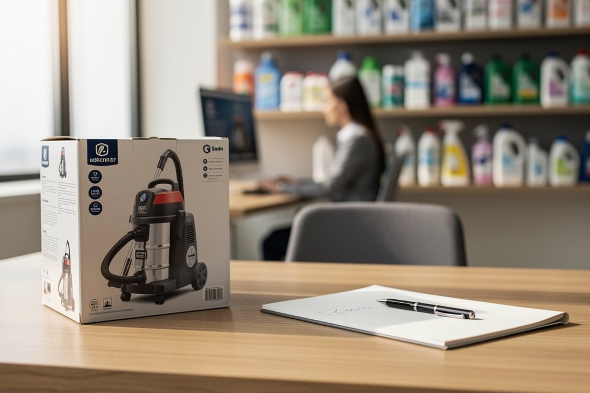 Office desk with vacuum cleaner box and notepad