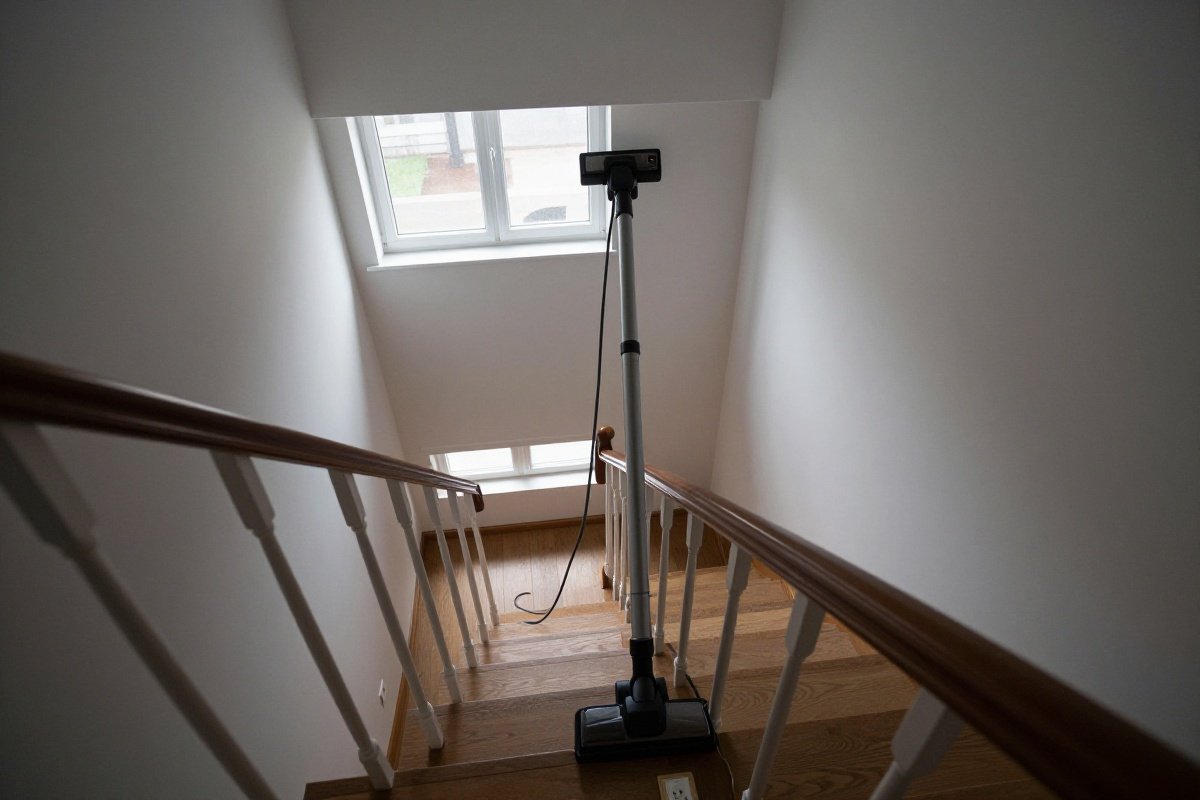 Vacuum cord stretched across stairway showing multi-story cleaning challenge