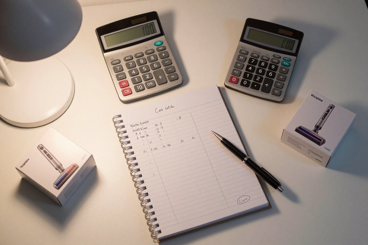 Cost comparison calculations on notepad with calculator showing vacuum ownership expenses