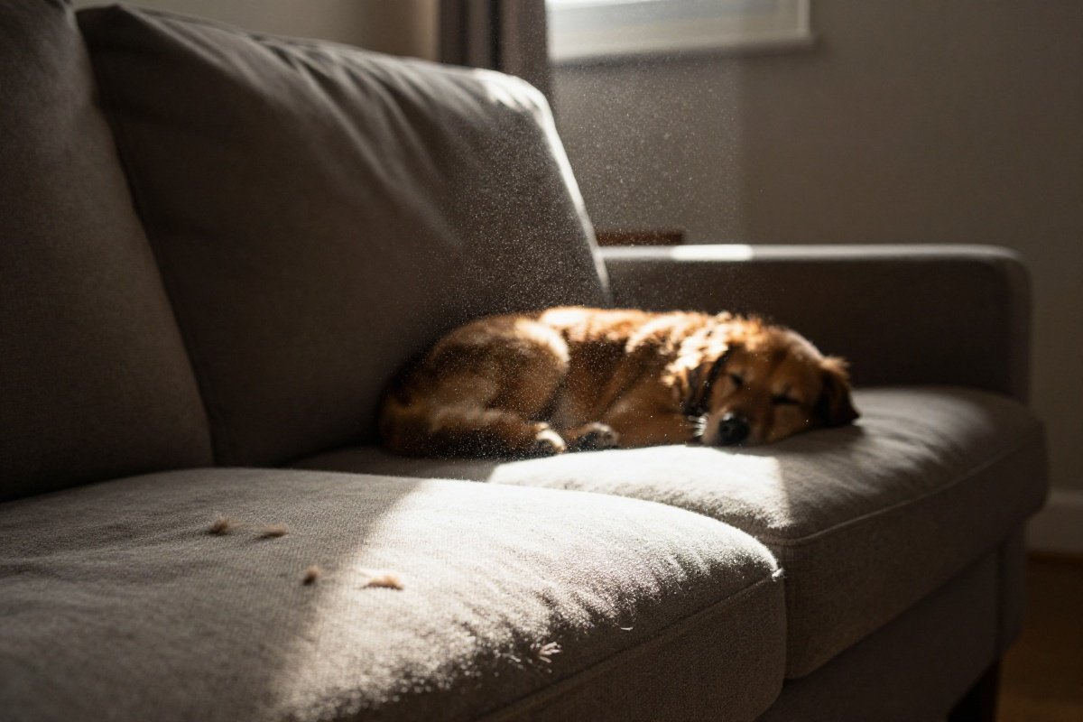 Sunlight beam revealing airborne pet dander particles near a pet-frequented couch