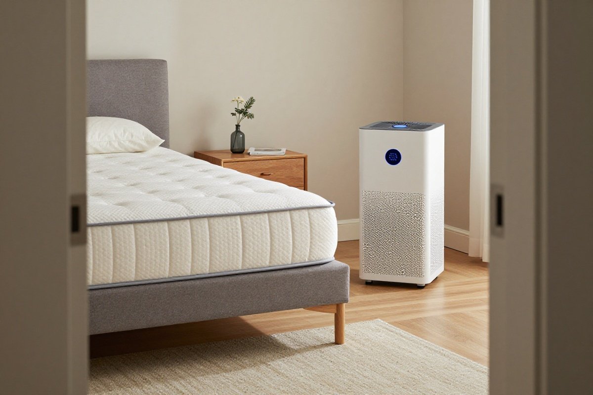 Bedroom with allergen-proof mattress cover and HEPA air purifier for dander control
