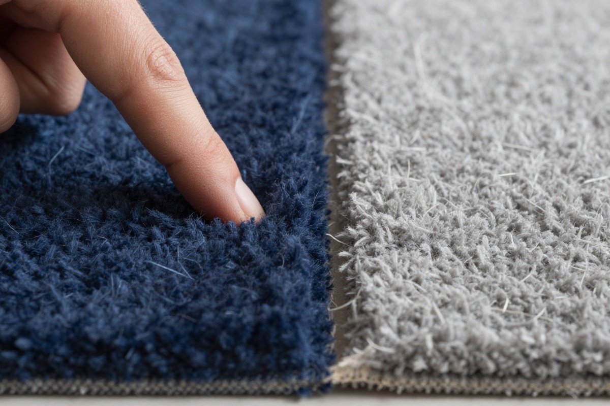 Close-up comparison of high-pile plush carpet and low-pile commercial carpet showing fiber height difference