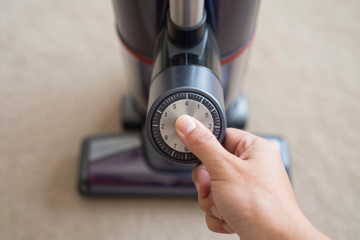 Hand adjusting vacuum height setting dial on carpet surface