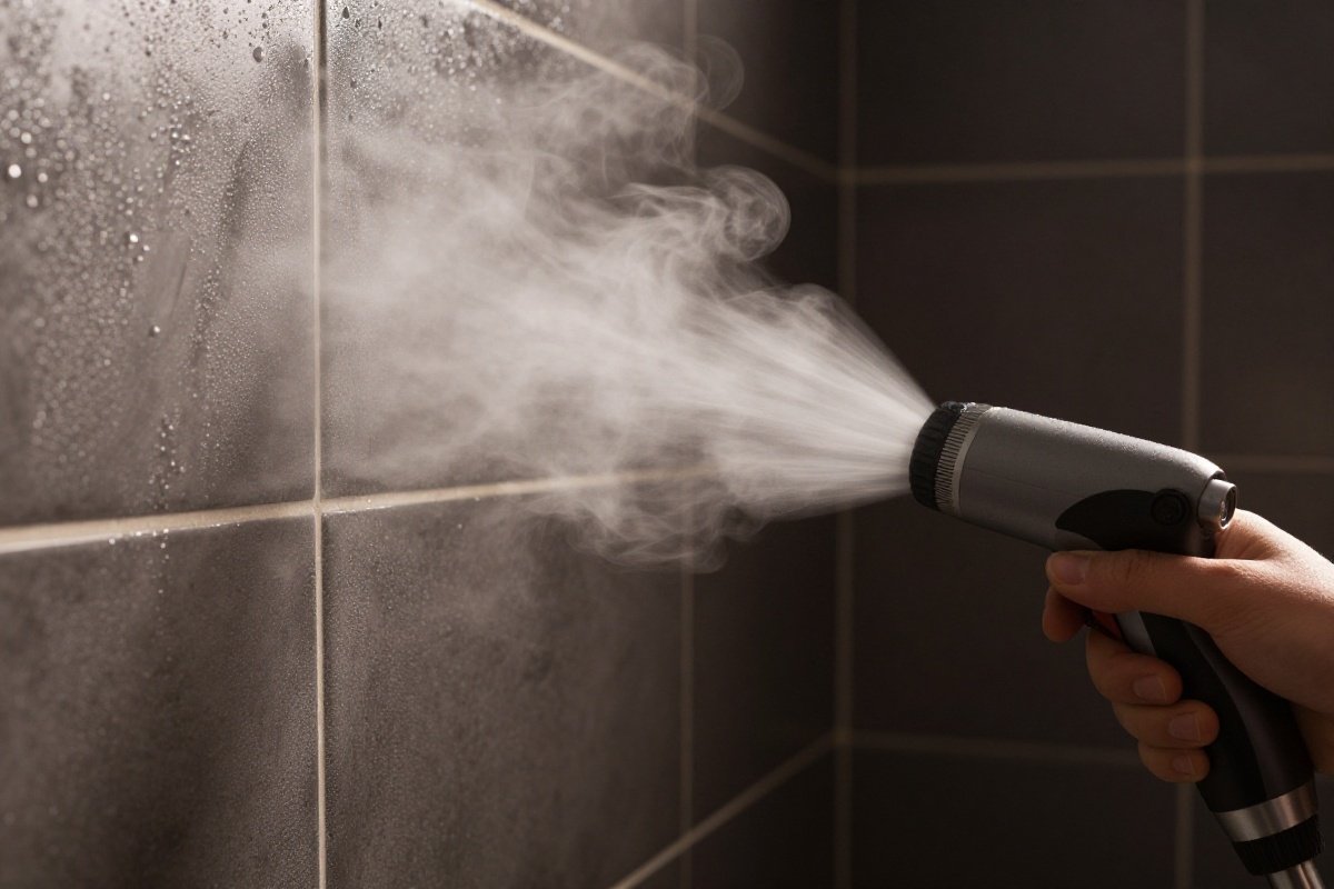 Steam cleaner nozzle releasing pressurized steam onto bathroom tile grout