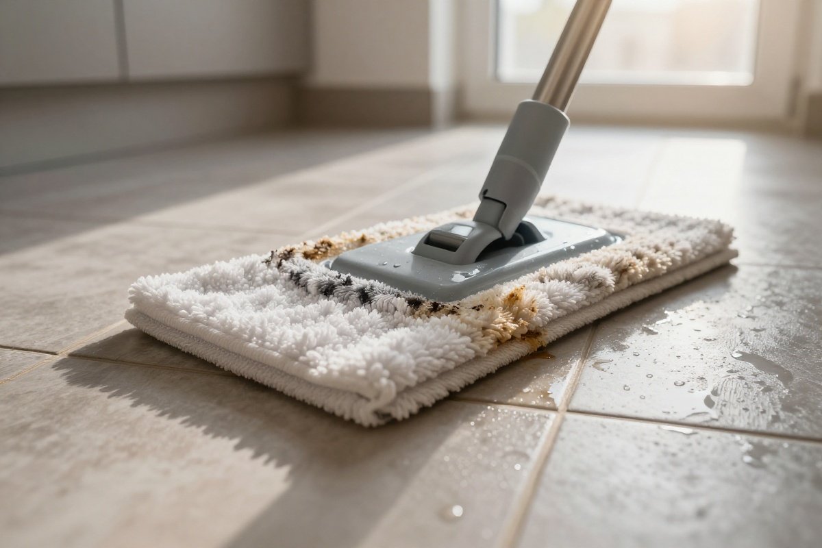 Steam mop pad cleaning kitchen tile floor showing clean versus soiled areas