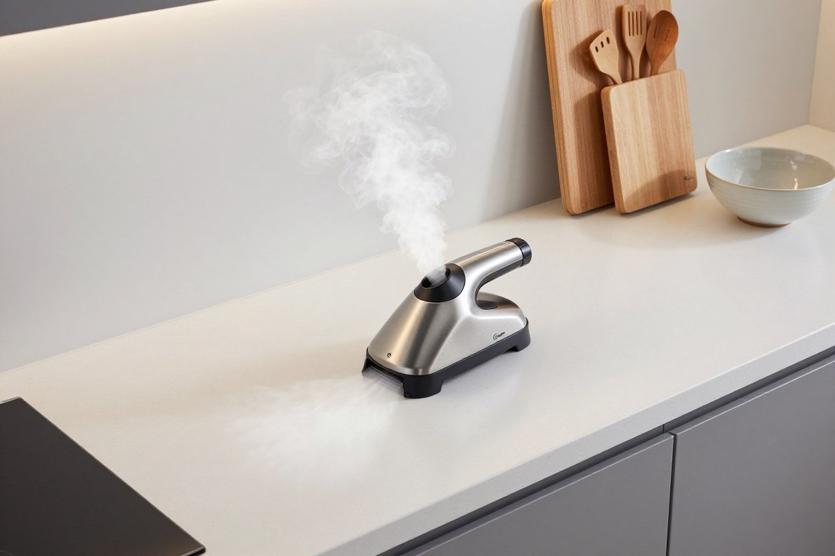 Steam-sanitized kitchen countertop with cleaning attachment and cooking items nearby