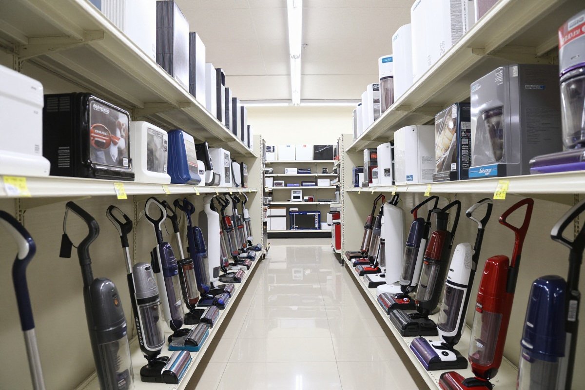 Retail store vacuum aisle showing budget to premium price positioning on shelves