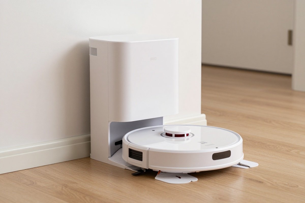 Robot vacuum auto-empty docking station positioned against hallway wall