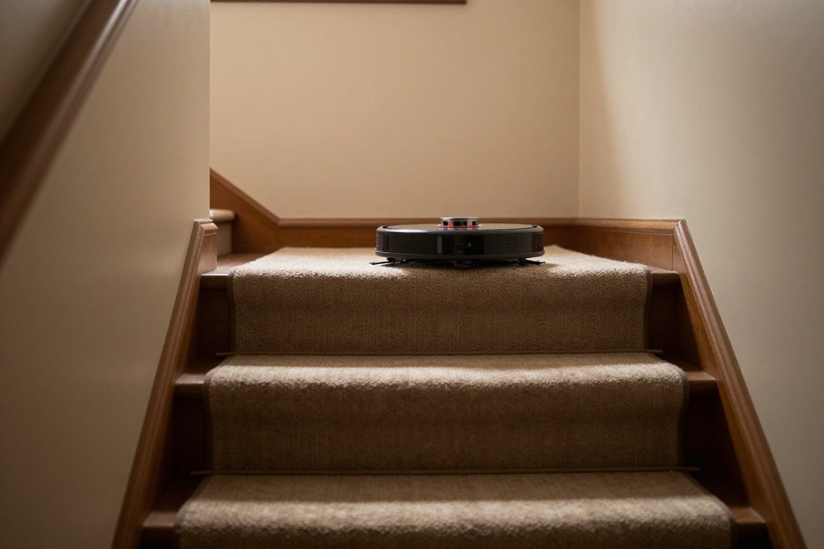Robot vacuum stopped at the top of stairs, illustrating the stair-climbing limitation