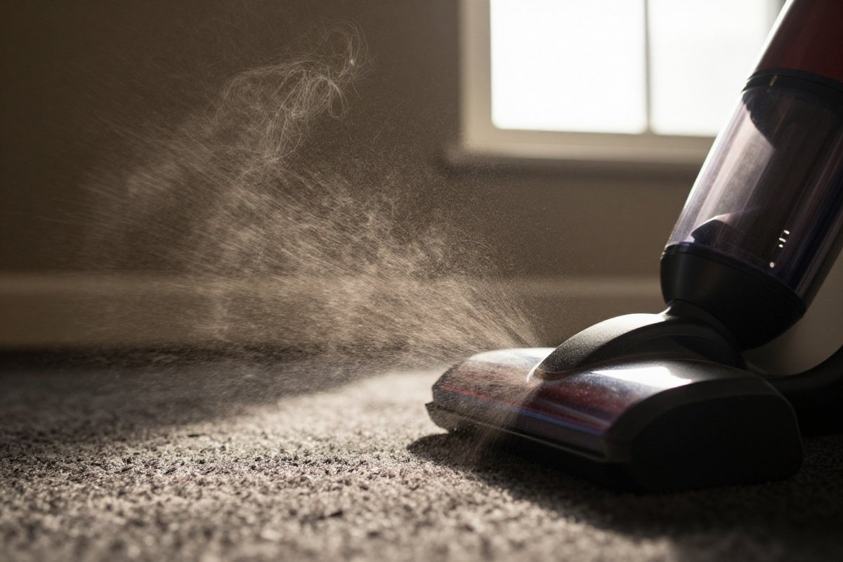 Dust particles being drawn into vacuum cleaner nozzle by suction airflow
