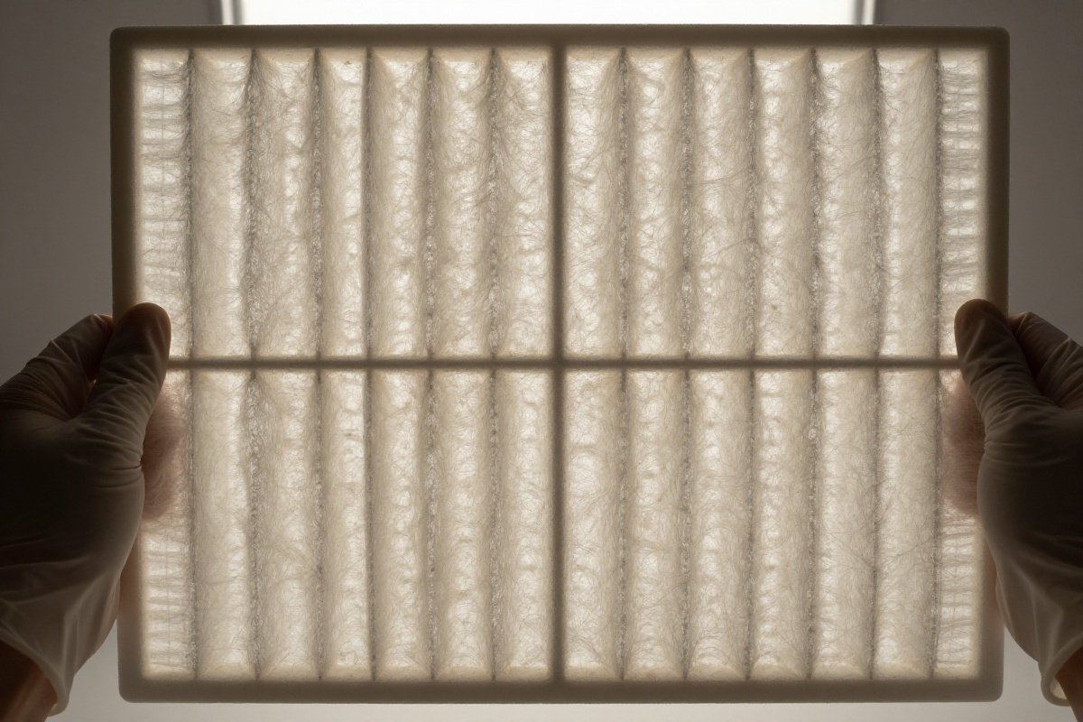 Used HEPA vacuum filter held against light showing trapped particles and dense fiber structure
