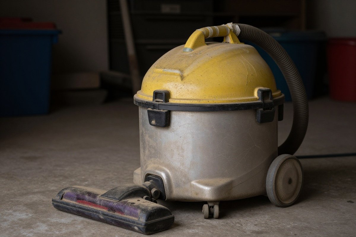 Aging vacuum cleaner showing cracked housing, frayed cord, and worn wheels
