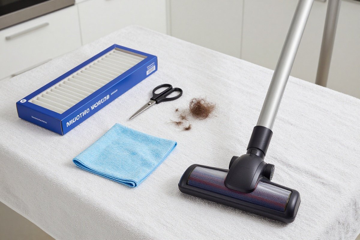 Vacuum maintenance supplies laid out on table for routine service session