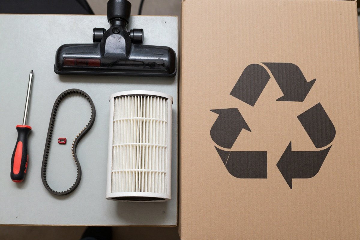Vacuum repair workbench on one side versus disposal box on the other showing the decision