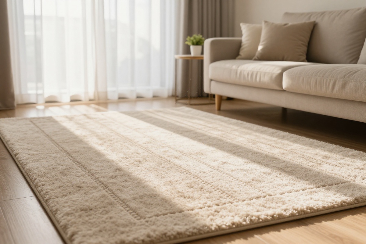 Freshly vacuumed carpet with visible vacuum lines in a sunlit living room