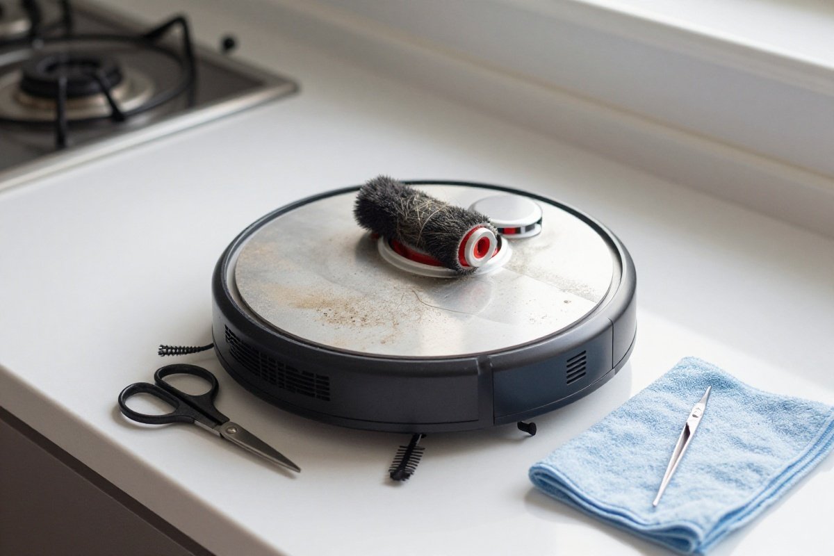 Robot vacuum flipped upside down showing dusty brush roll with maintenance tools laid out