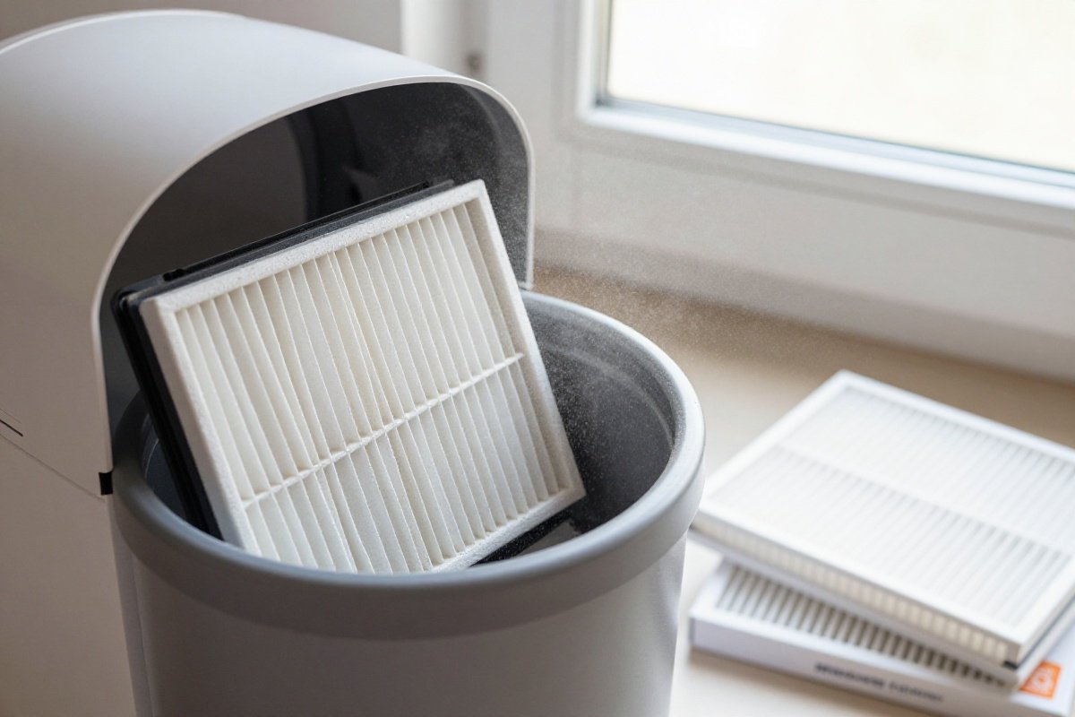 Dusty robot vacuum filter being tapped over trash can with clean replacement nearby