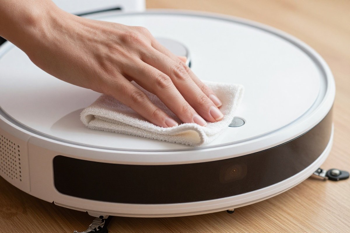 Hand cleaning robot vacuum cliff sensor with microfiber cloth showing dust buildup