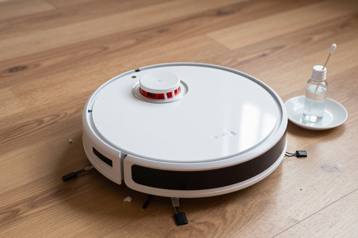 Robot vacuum docking station with dusty charging contacts and cleaning supplies nearby