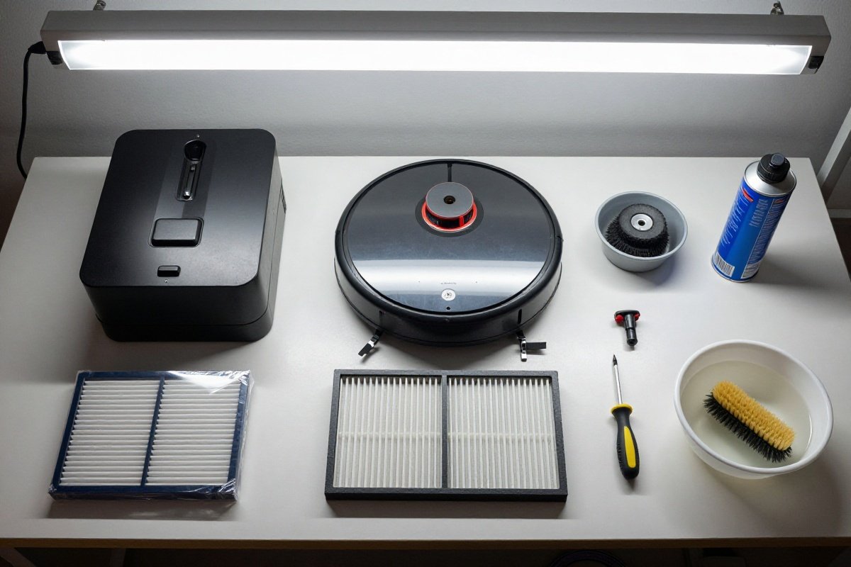 Robot vacuum parts laid out for quarterly deep cleaning on organized workbench