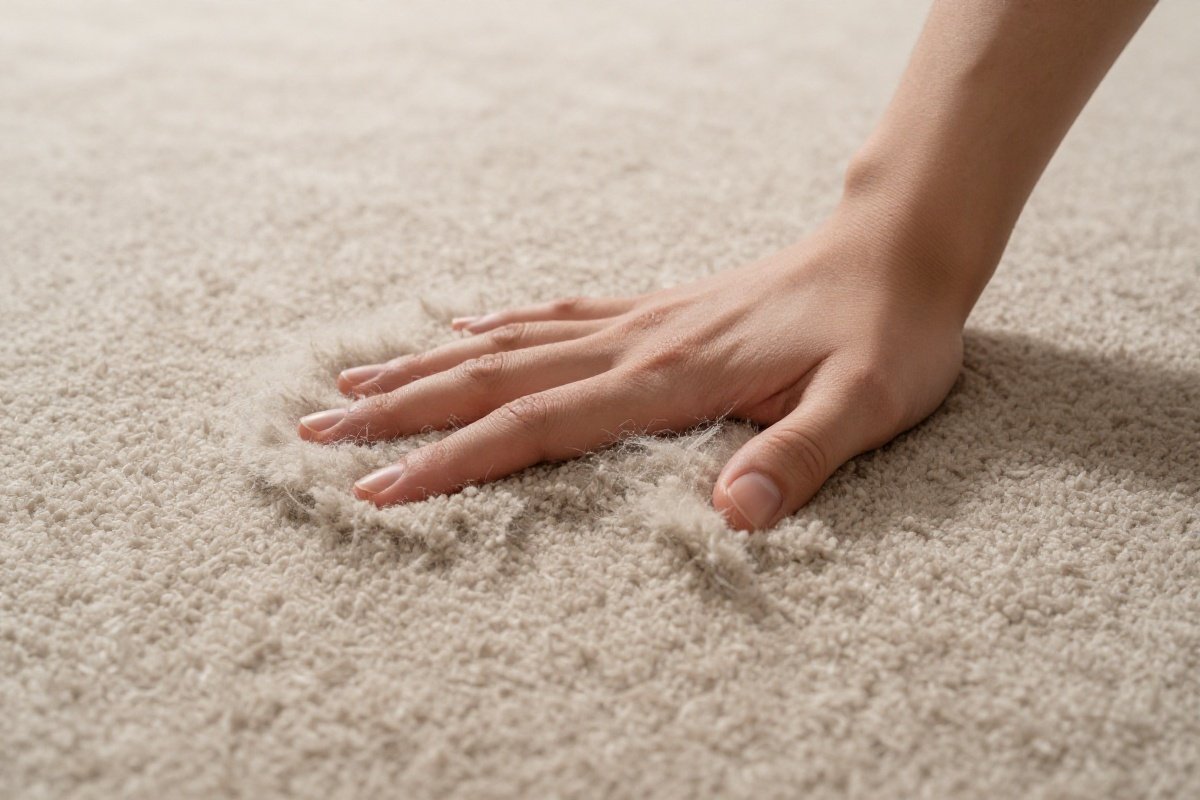 Hand pressing into deep pile carpet showing fiber density and resilience