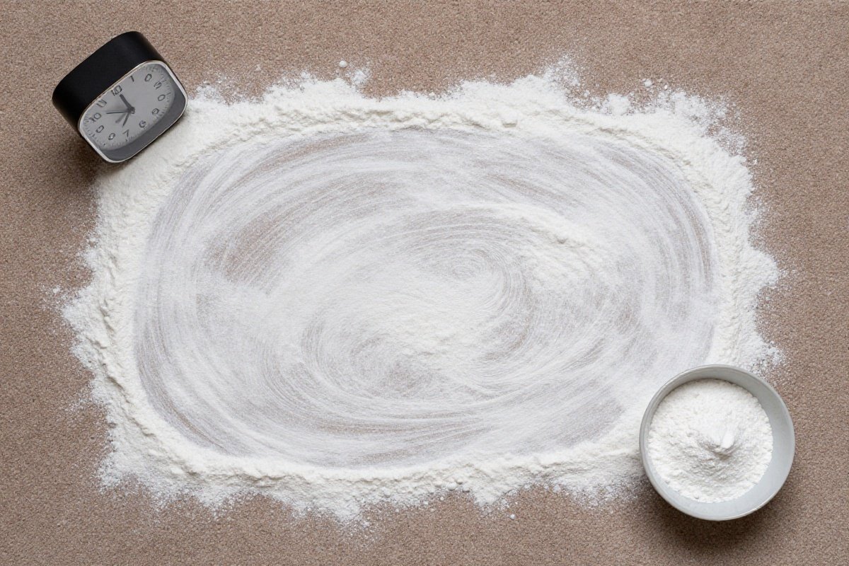 Baking soda evenly distributed on carpet with timer showing treatment wait time