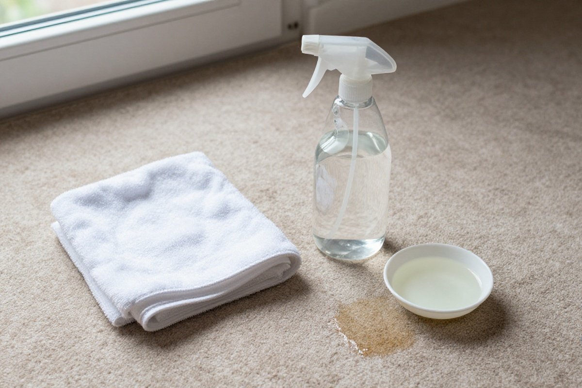 Vinegar cleaning solution spray bottle with microfiber cloth on carpet ready for use