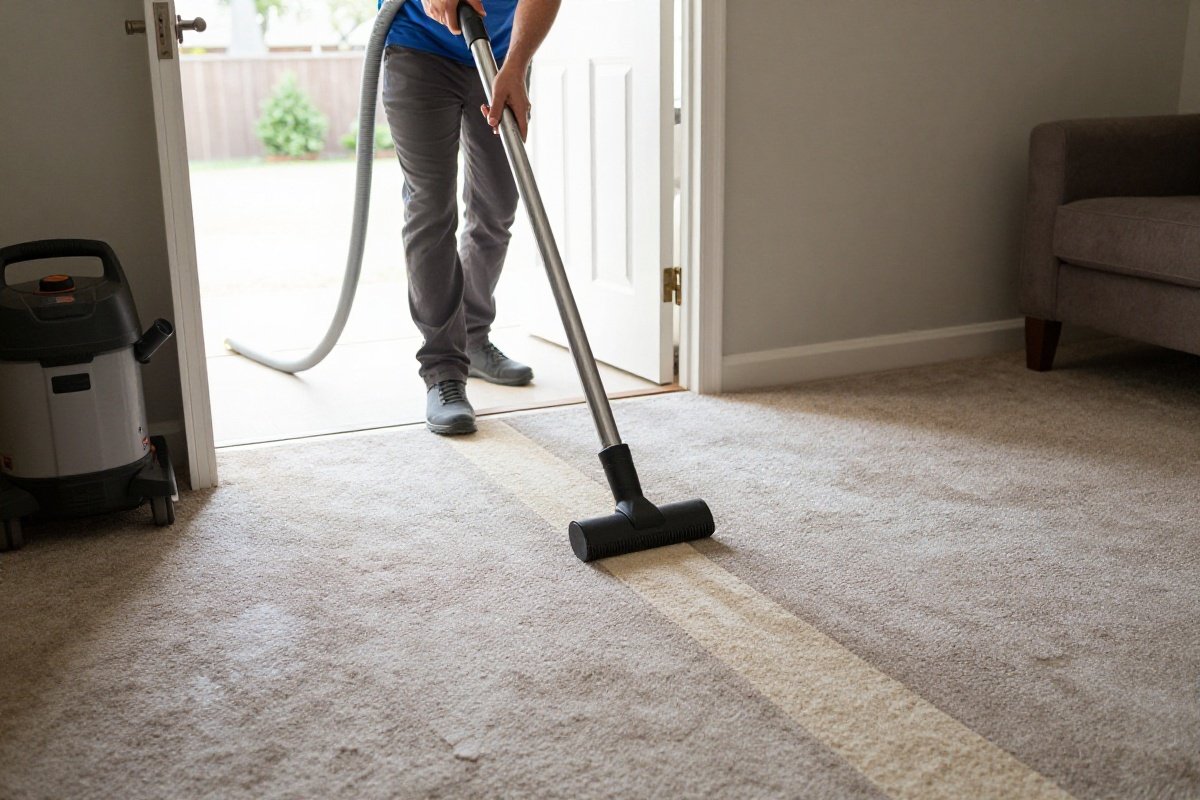 Professional carpet cleaning hose and wand creating a clean stripe on dirty carpet