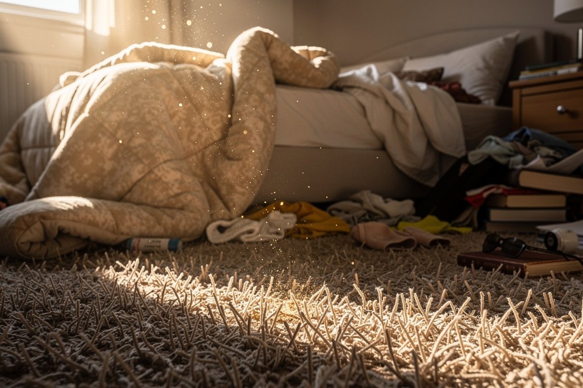 Sunlight illuminating dust particles floating above bed linens
