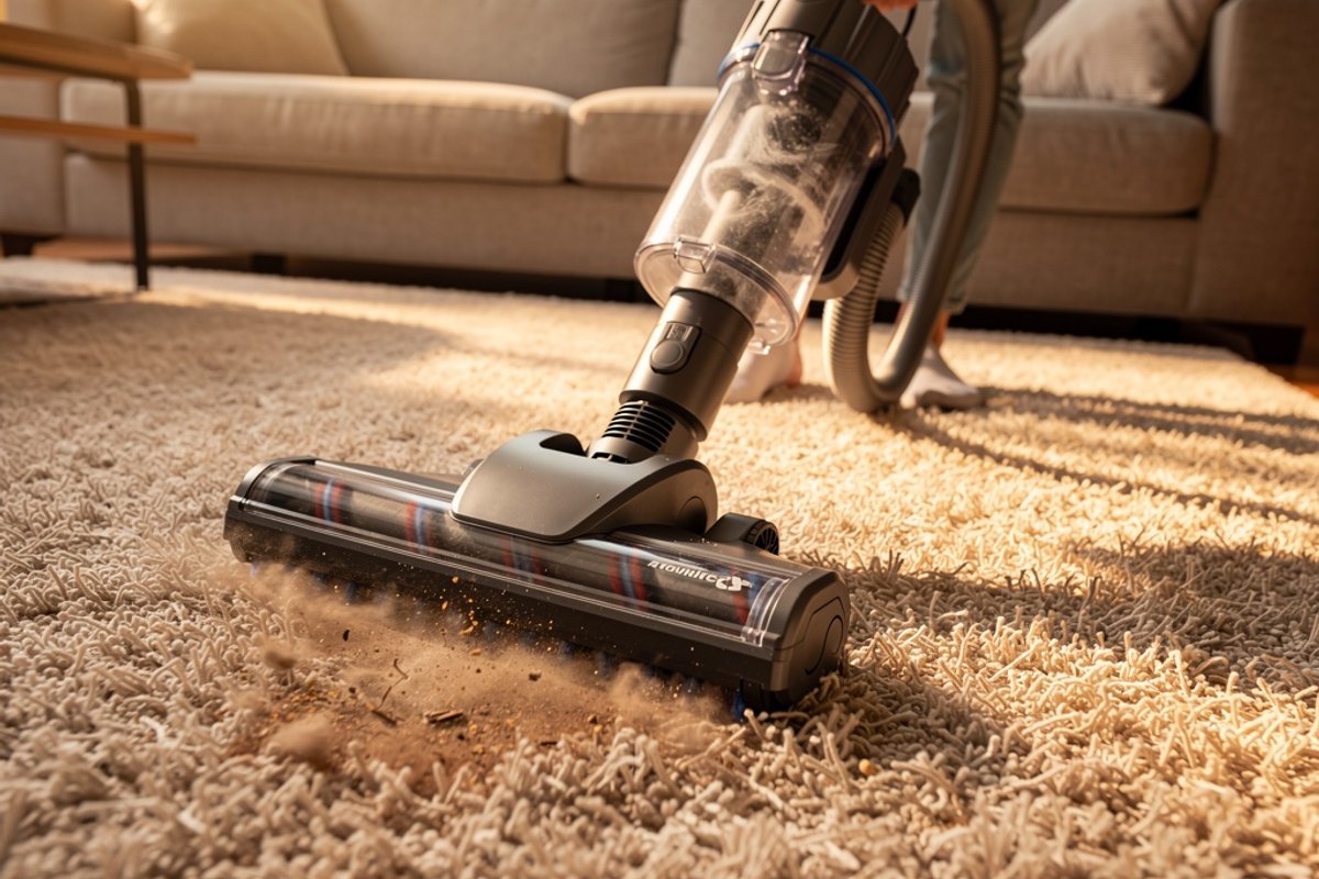 Person vacuuming a living room carpet to remove dust mites