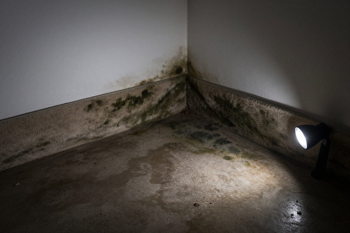 Carpet pulled back to reveal mold growth on backing and basement subfloor